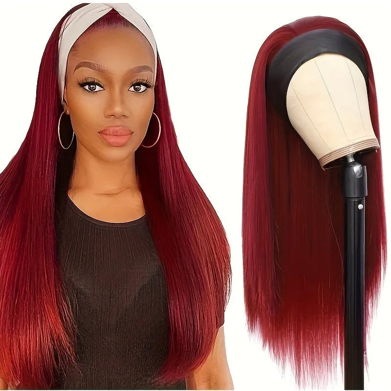 Headband wig with long straight black hair and high temperature fibre material