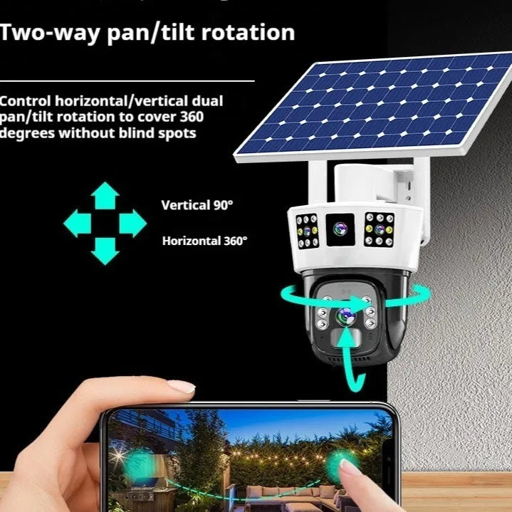 Solar binocular three-screen surveillance camera with solar panel for outdoor security monitoring