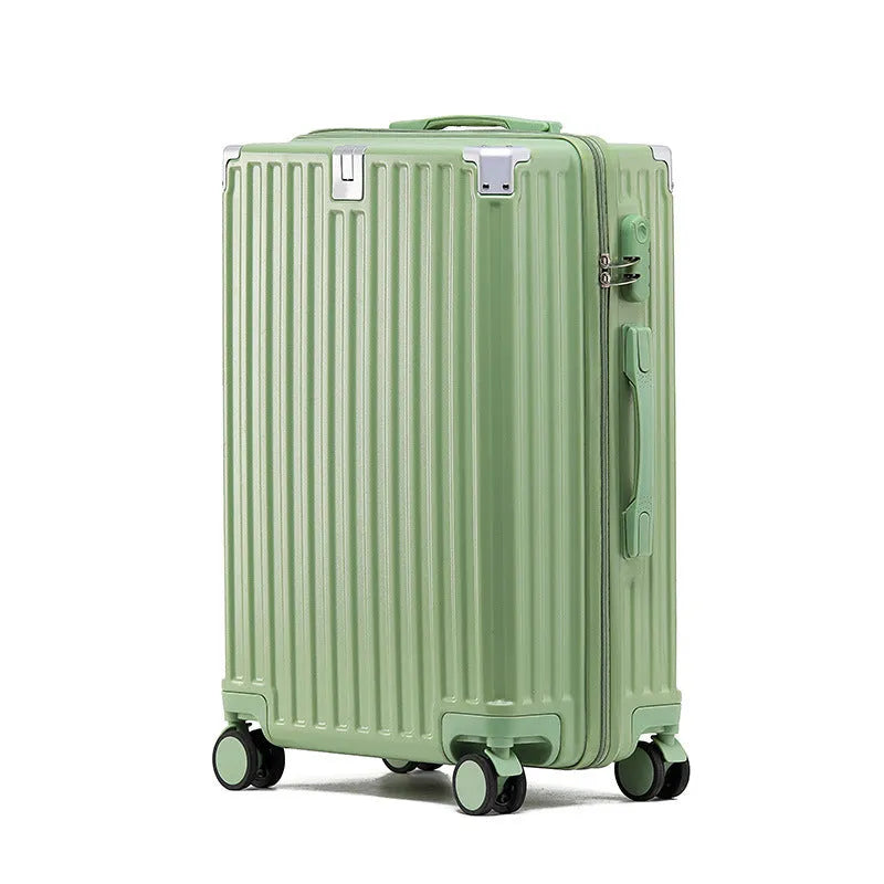 Aluminium frame trolley suitcase in avocado green with wheels and a USB port.