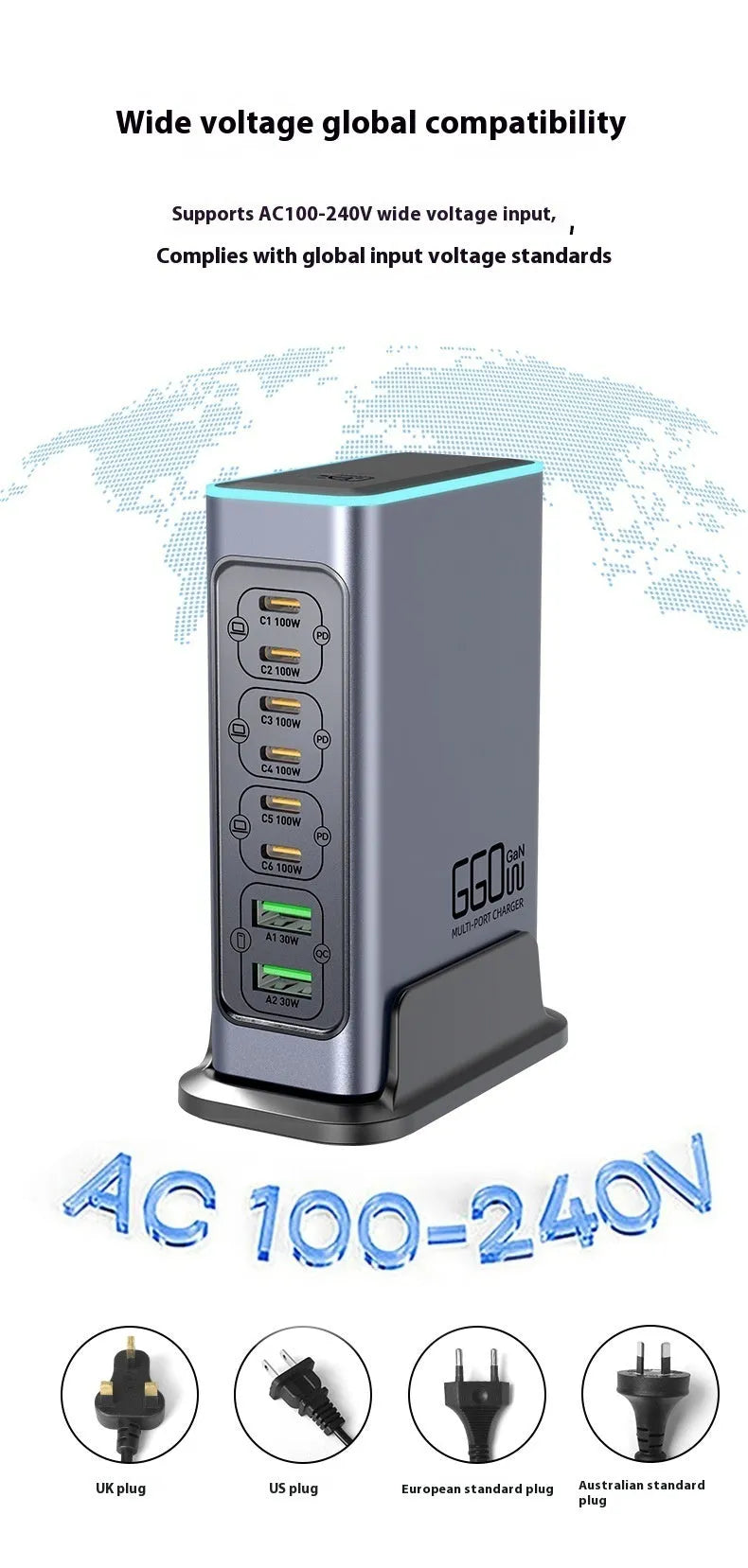 660W gallium nitride desktop charger with multiple ports and international plug options