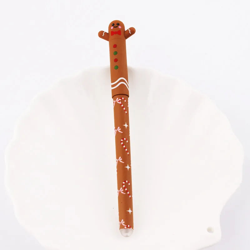 Four Christmas-themed erasable gel pens in a sleeve: Santa, gingerbread man, elk, and snowman designs