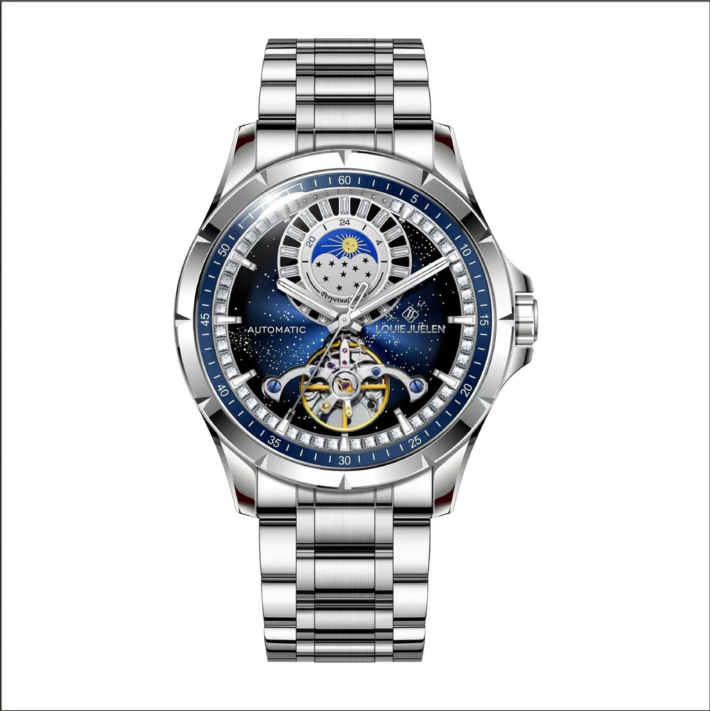 Automatic mechanical men's watch with silver alloy case, blue dial, and stainless steel bracelet