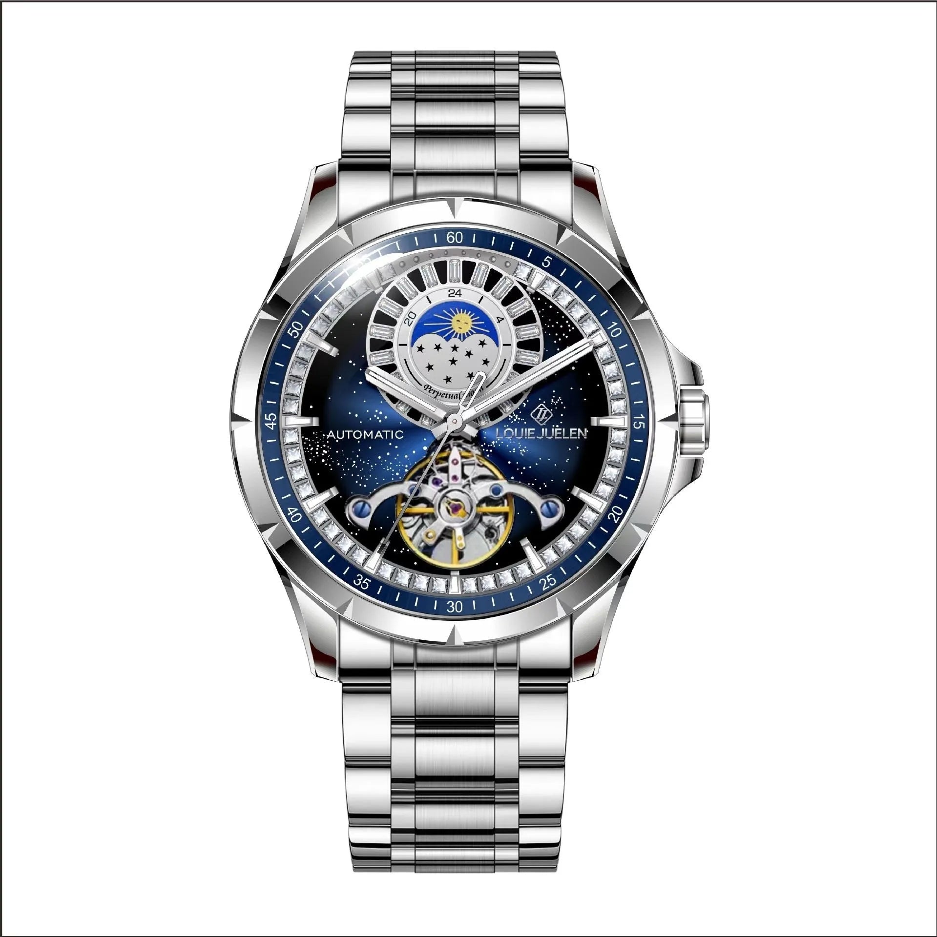 Automatic mechanical men's watch with silver alloy case, blue dial, and stainless steel bracelet
