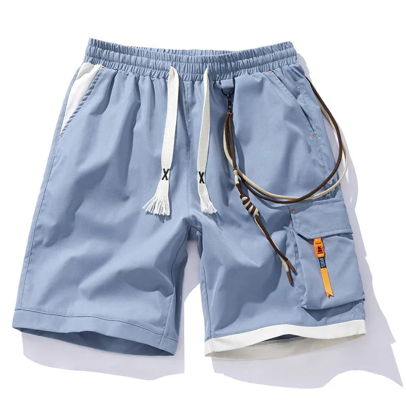 Men's plus size straight-leg bamboo fibre sports shorts in coffee colour on a hanger.