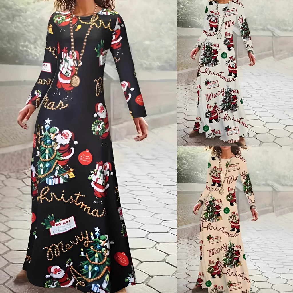 Santa Claus printed round neck long sleeve dress with leather stitching in polyester, available in beige, size M