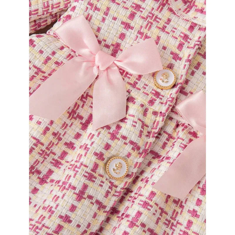 Pink plaid lace collar bow dress for baby girls, regenerated cellulose fibre fabric, suitable height 12-18 months