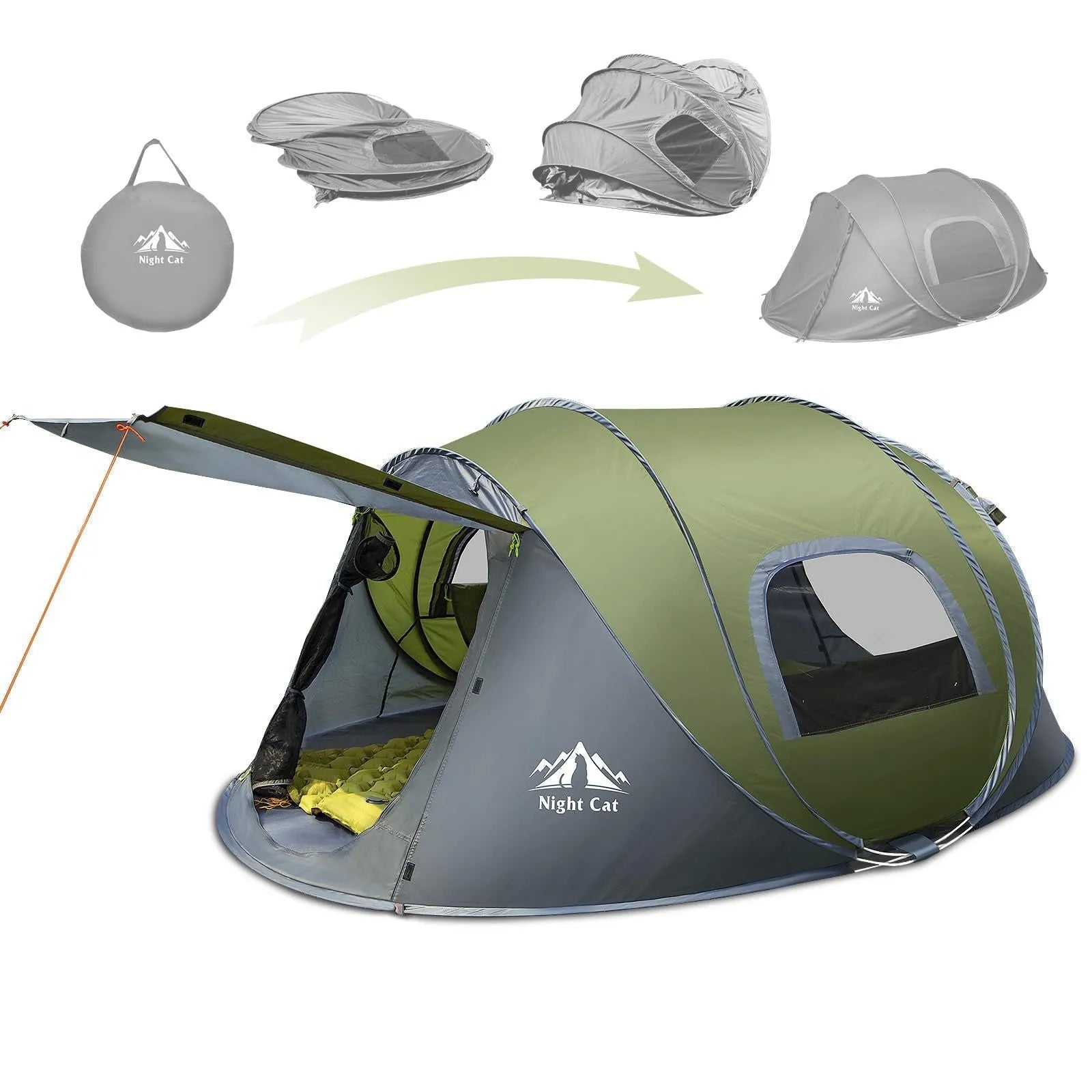 Dark green two-person pop-up camping tent with waterproof construction
