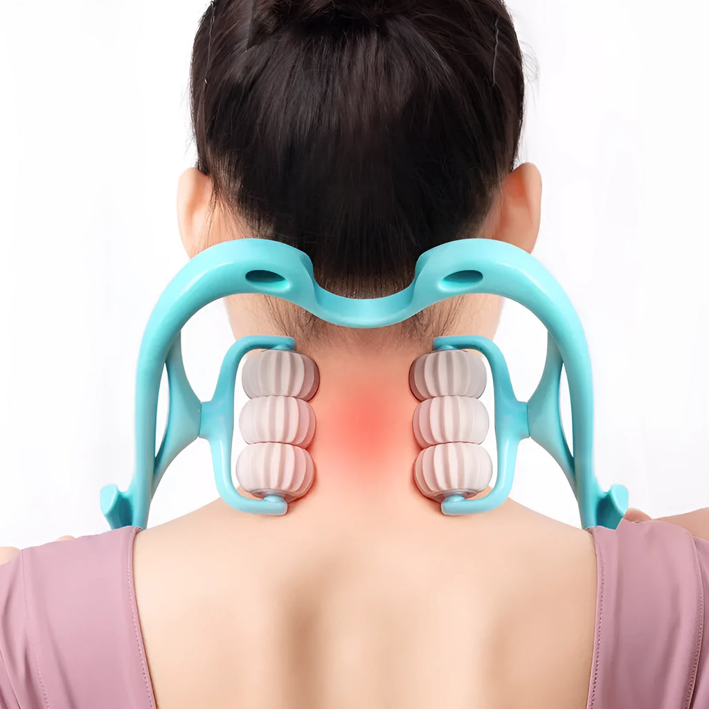 6-roller cervical neck massager in blue, ergonomic swan design, with 360° rotating massage balls and jade scraping board