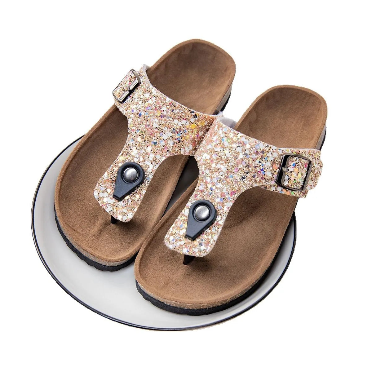 Gold, pink, or silver cork flip-flops with PVC sole and frosted artificial leather upper