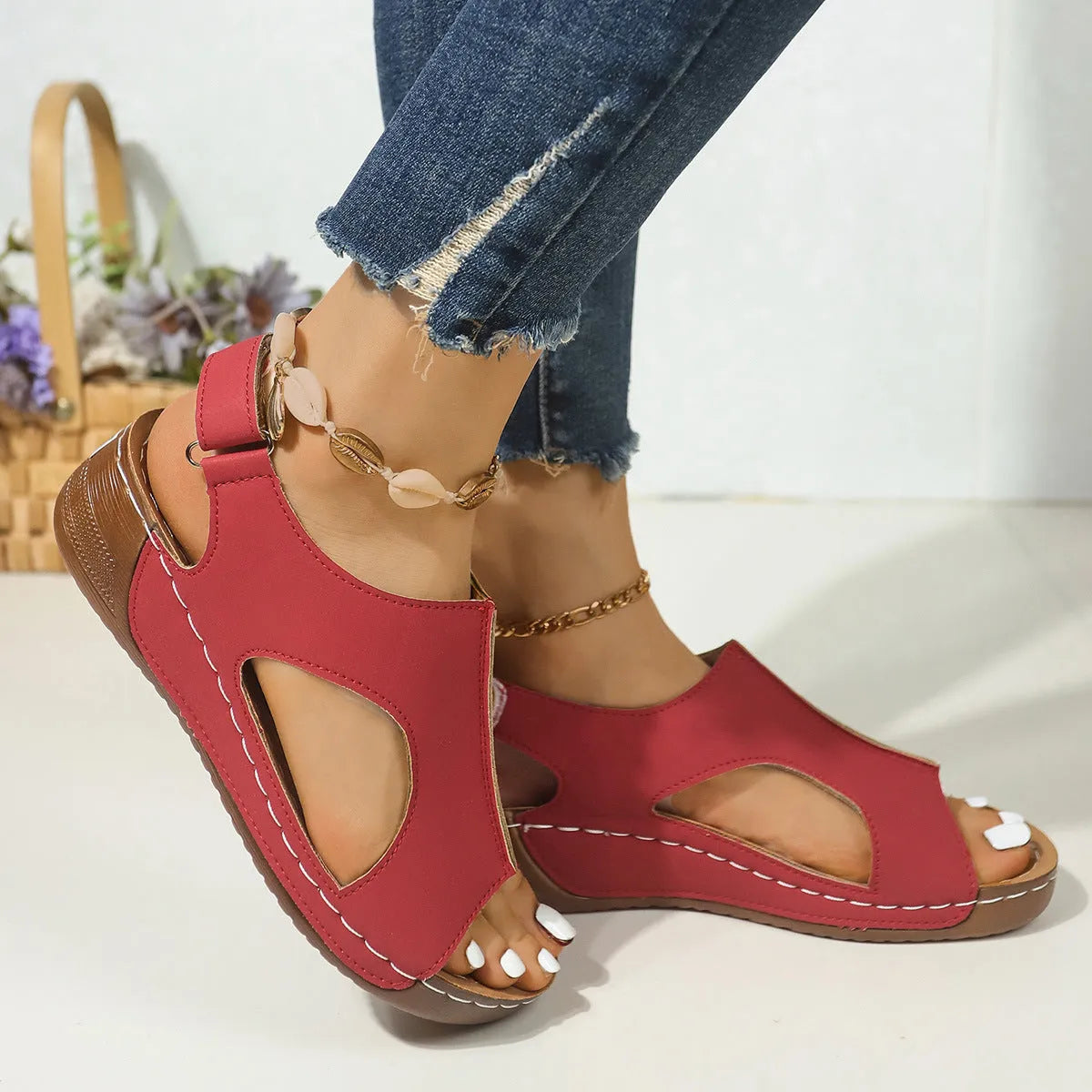 Women's plus size wedge sandals with Velcro strap, round toe, PU upper, in light brown colour