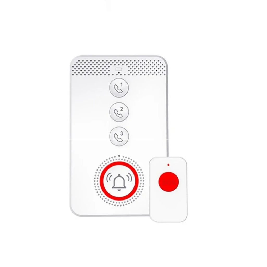 White elderly emergency alert device with one main buzzer unit and three wireless emergency buttons