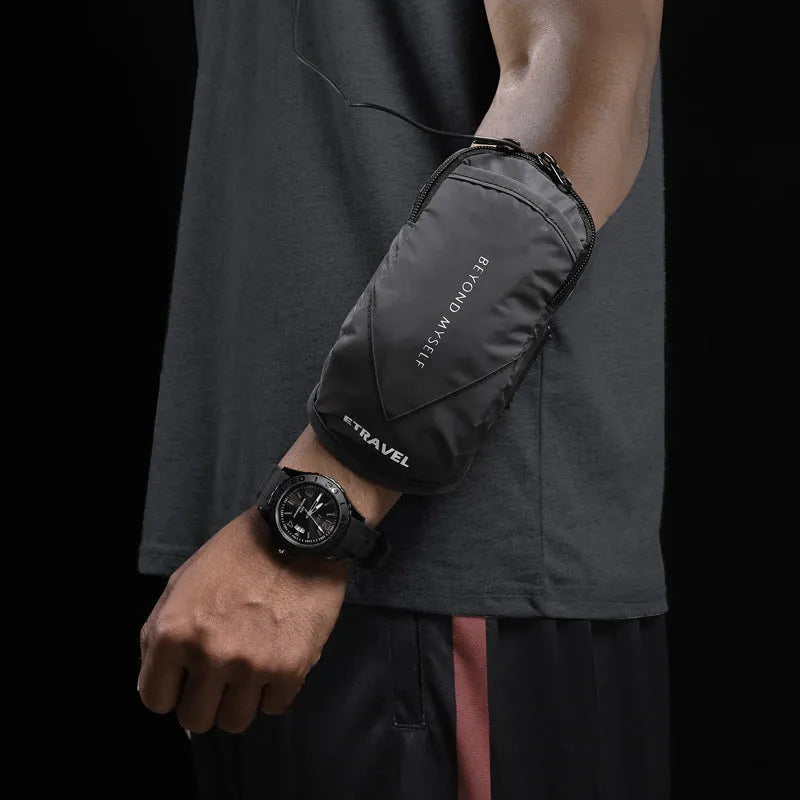 Running arm bag worn on arm with reflective strip, showing smartphone compartment and adjustable strap
