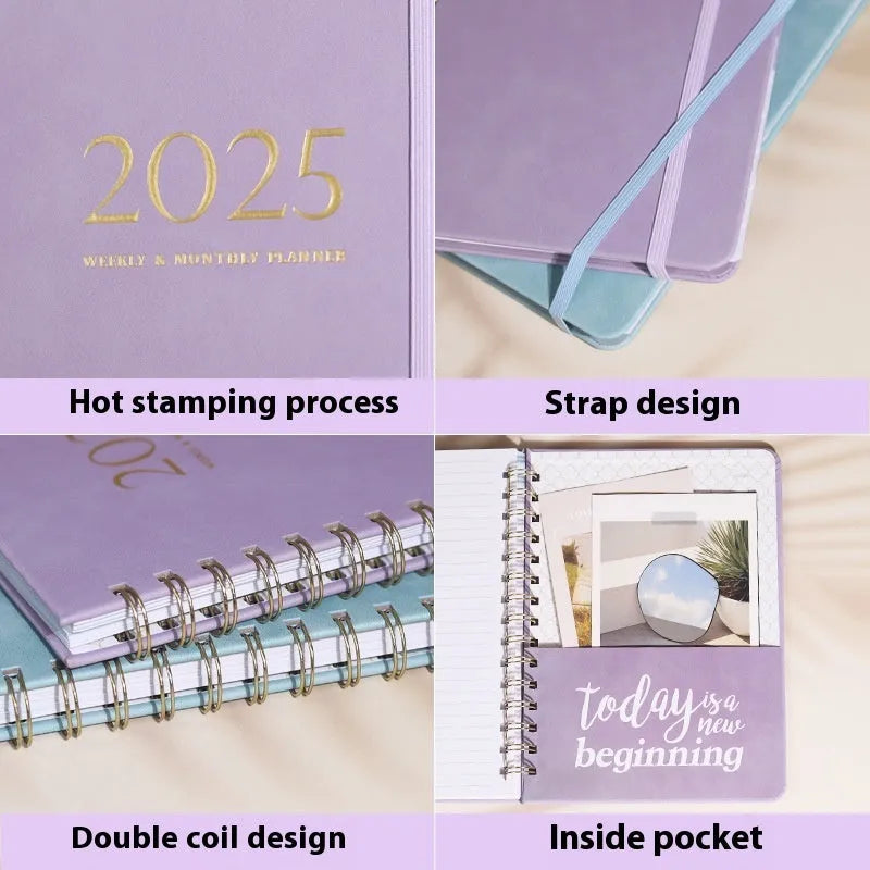 A5 size PU leather notebook with metal coil binding in various colour options showing year-specific cover designs