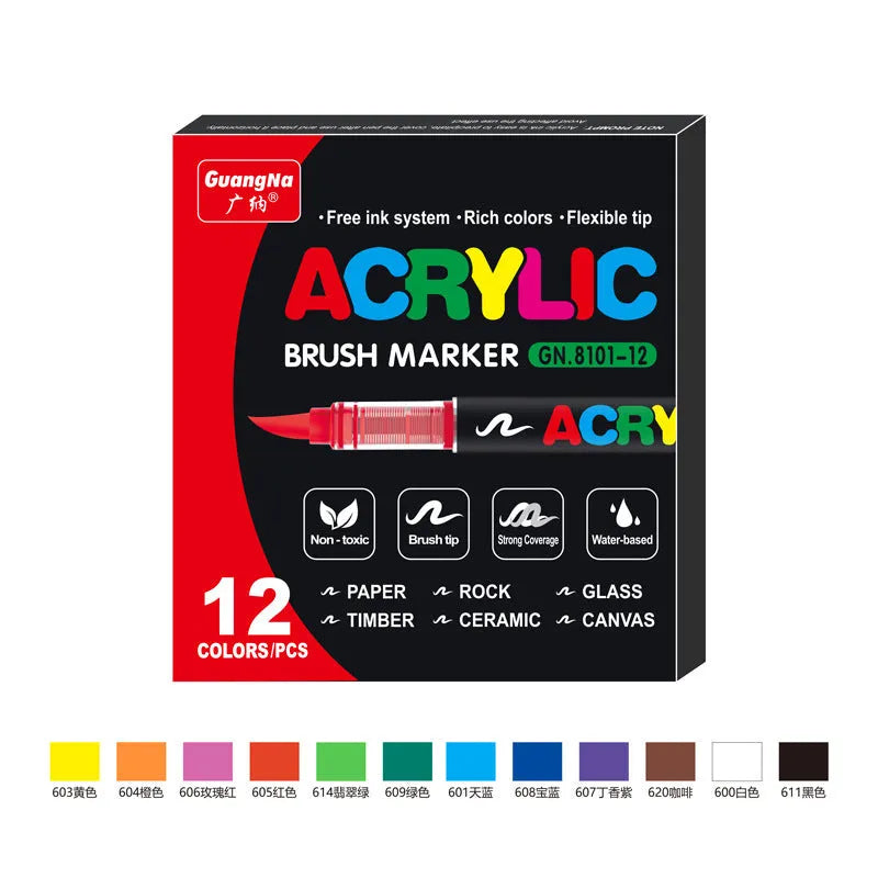 Set of straight liquid acrylic paint marker pens with soft brush tips in multiple colours