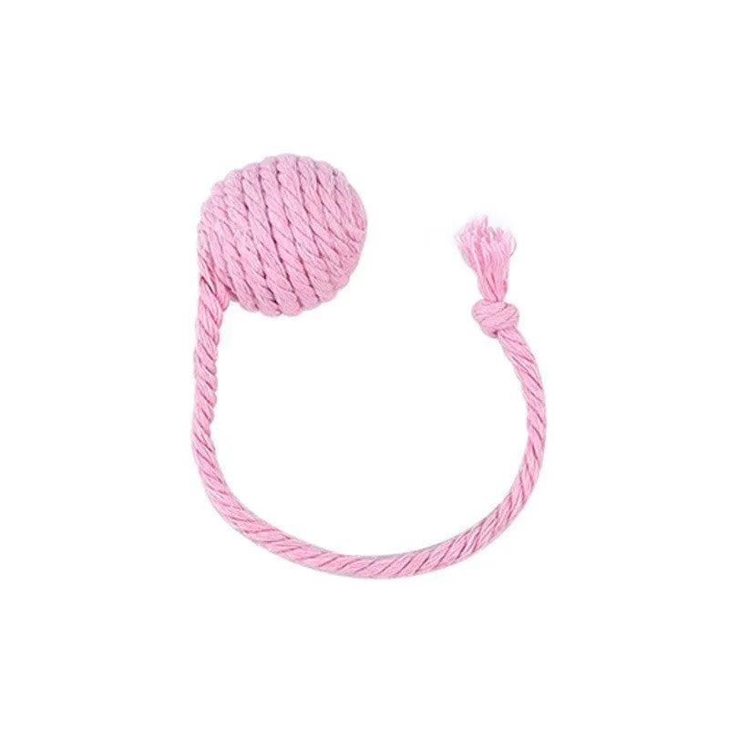 Cat toy ball with rope and bell in green pink purple yellow colours showing 3cm and 6cm size options