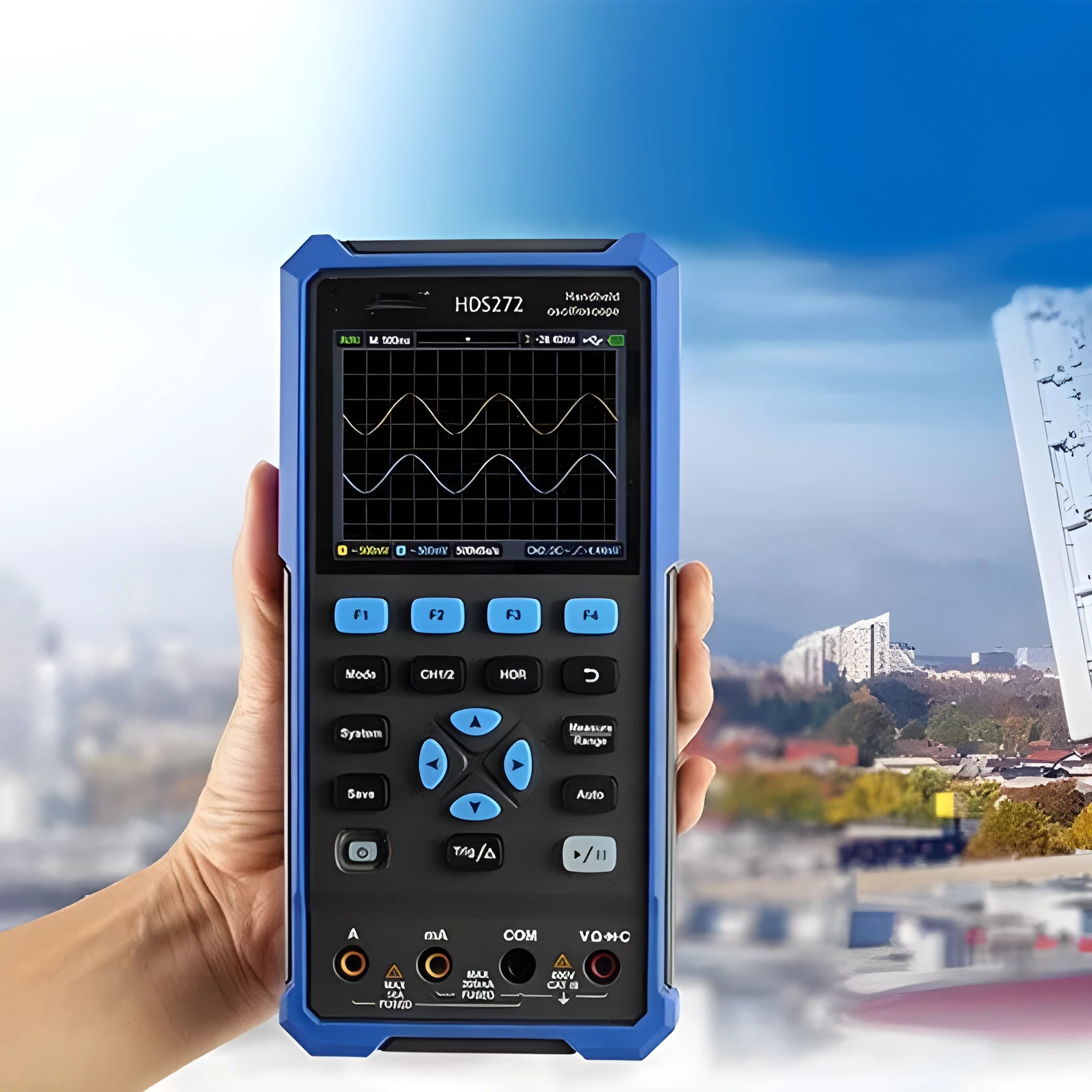 Owon HDS272 handheld digital oscilloscope with probe and accessories for automotive repair diagnostics
