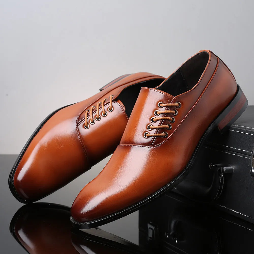 Men's square toe low-top lace-up shoes with leather stitching, available in black, red, and yellow, sizes 38-48