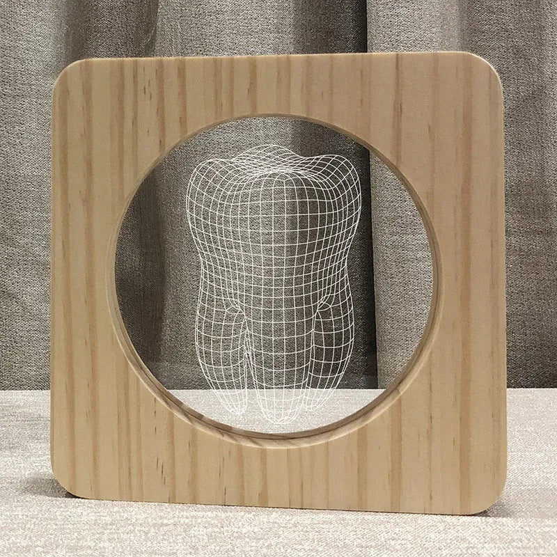 Tooth-shaped wood acrylic USB night lamp showing log colour finish and compact 190x190x30mm dimensions