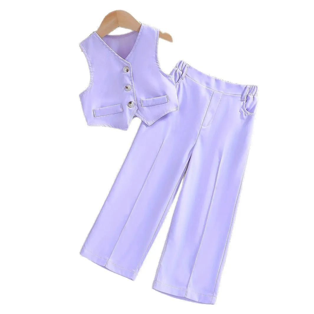 Children's summer casual polyester vest suit for girls in solid colour two-piece set with vest top and trousers