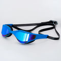 Adult swimming goggles with anti-fog HD lenses and a black silicone seal, shown with a plastic mirror case.