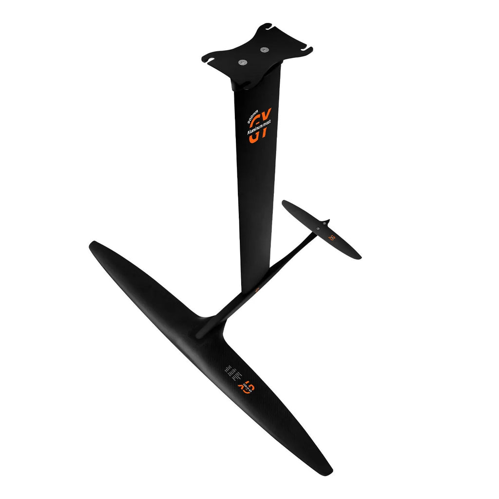 Black hydrofoil surfboard component with aluminium alloy and carbon fibre construction