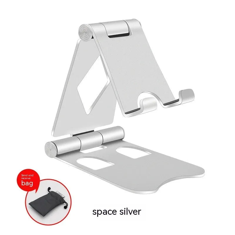 Aluminium alloy folding mobile desktop stand in metallic finish on a desk