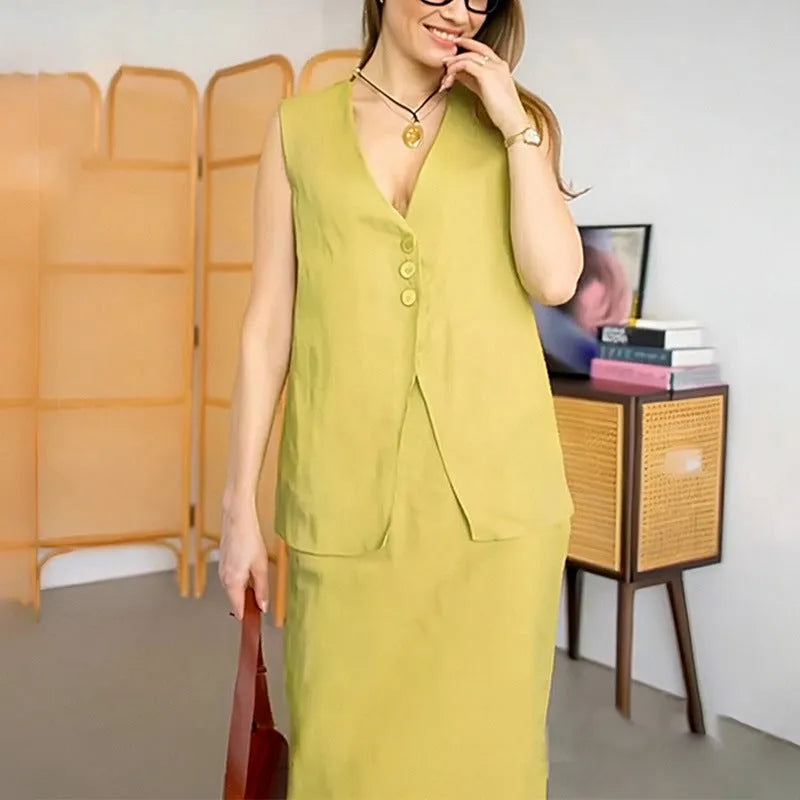 Women's casual two-piece suit set with sleeveless vest and long ankle-length skirt in polyester fabric