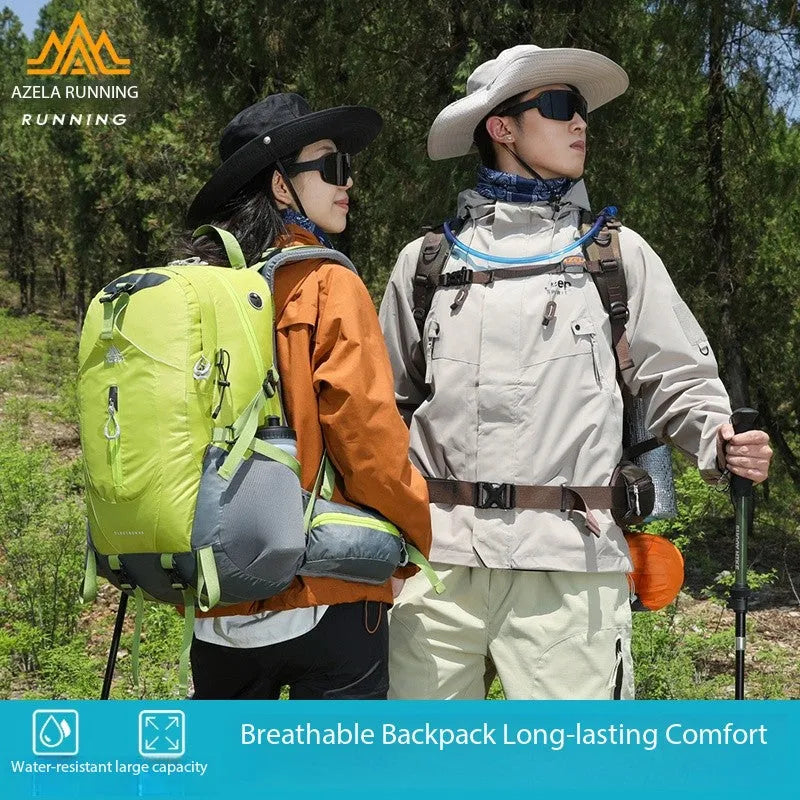 AZELA Electron 40L hiking backpack in white and navy, multiple compartments, adjustable straps, outdoor camping, daypack
