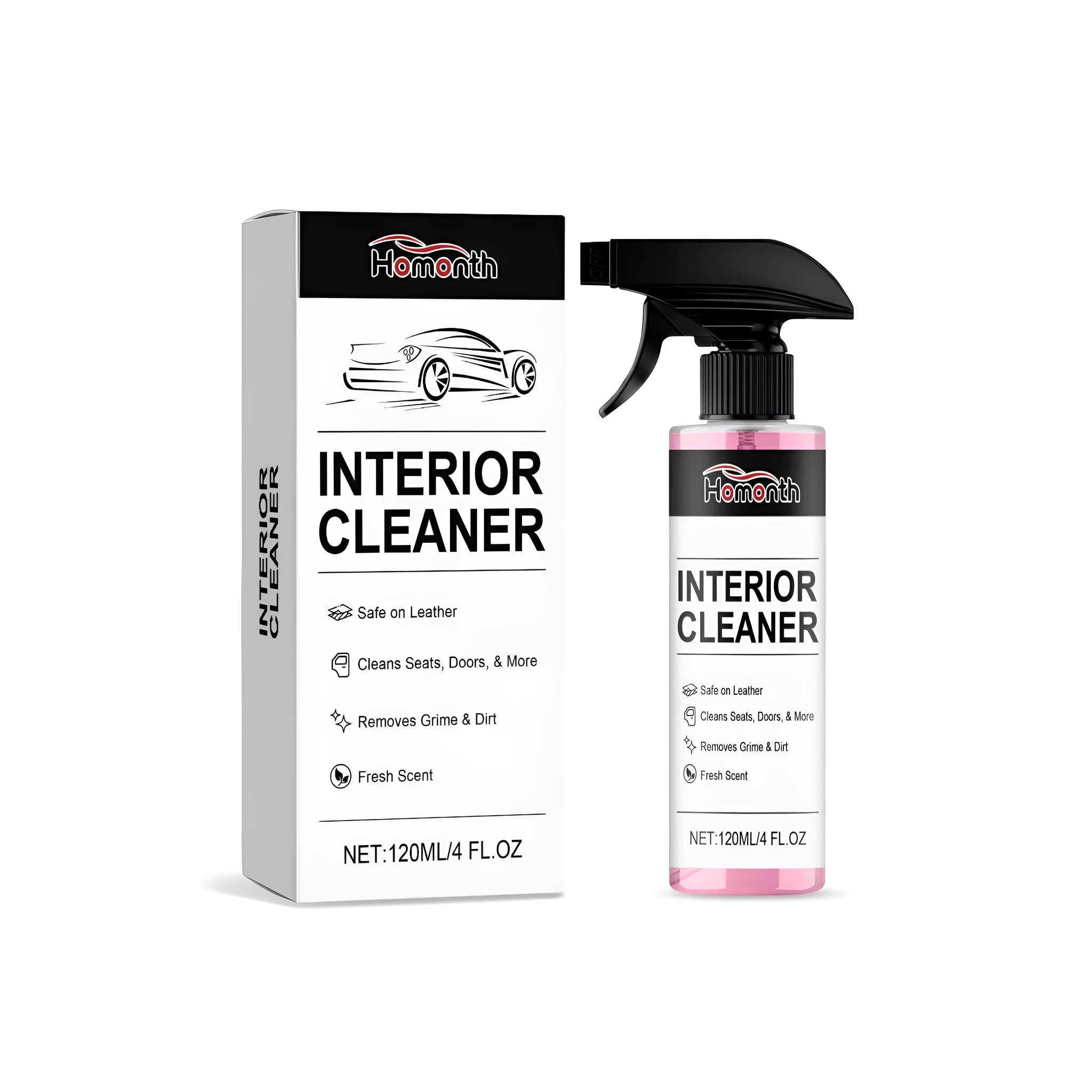 Car interior cleaning spray 120ml bottle with trigger spray, suitable for upholstery and dashboard cleaning