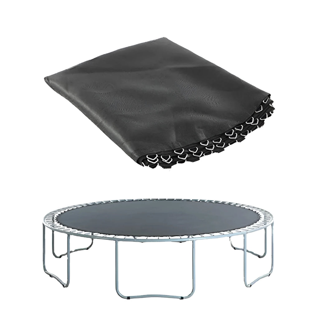 Round elastic trampoline replacement fabric with perimeter buttons for spring attachment.