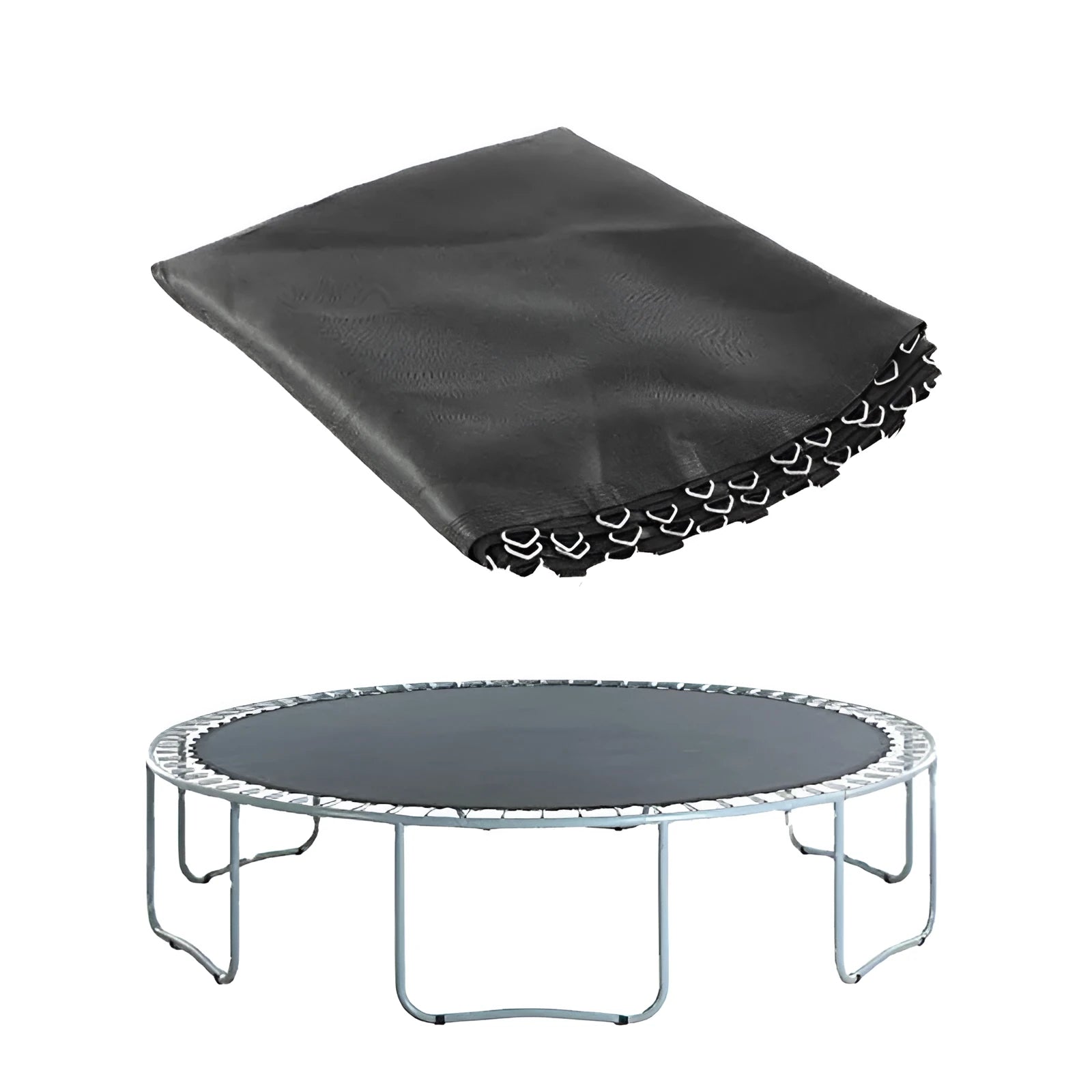 Round elastic trampoline replacement fabric with perimeter buttons for spring attachment.