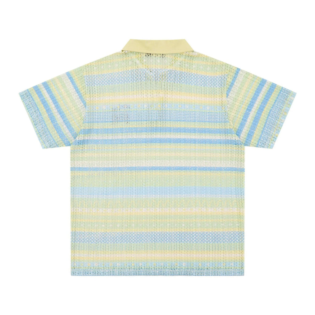 Blue and yellow versions of a men's loose-fit printed short sleeve shirt made from elastic fabric.