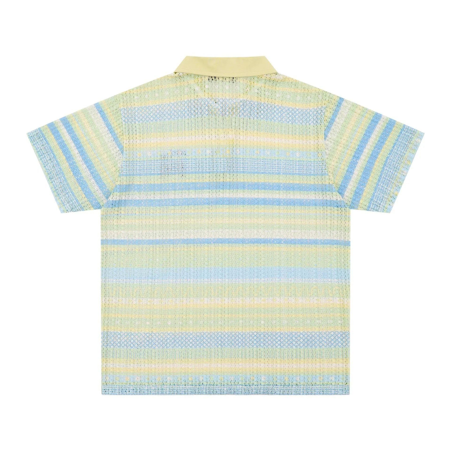 Blue and yellow versions of a men's loose-fit printed short sleeve shirt made from elastic fabric.
