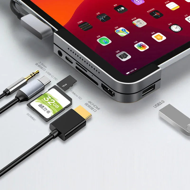 Silver aluminium grey USB-C docking station for iPad Pro with HDMI, USB, and SD card ports