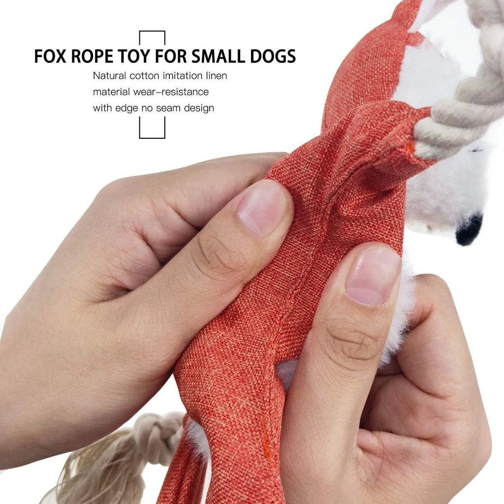 Brown fox-shaped dog toy with embroidered eyes, cotton rope limbs, and crinkle paper body