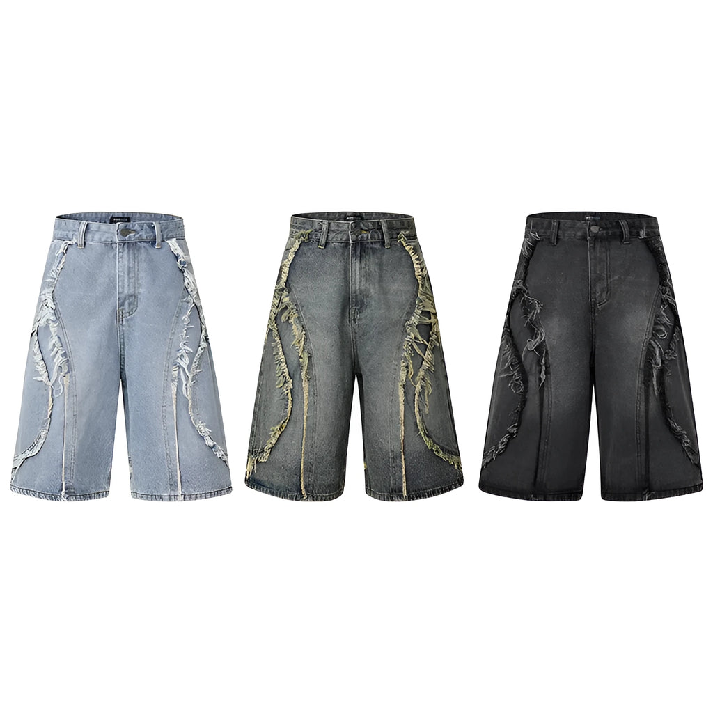 Distressed raw edge denim shorts in black, dark blue, and light blue colours