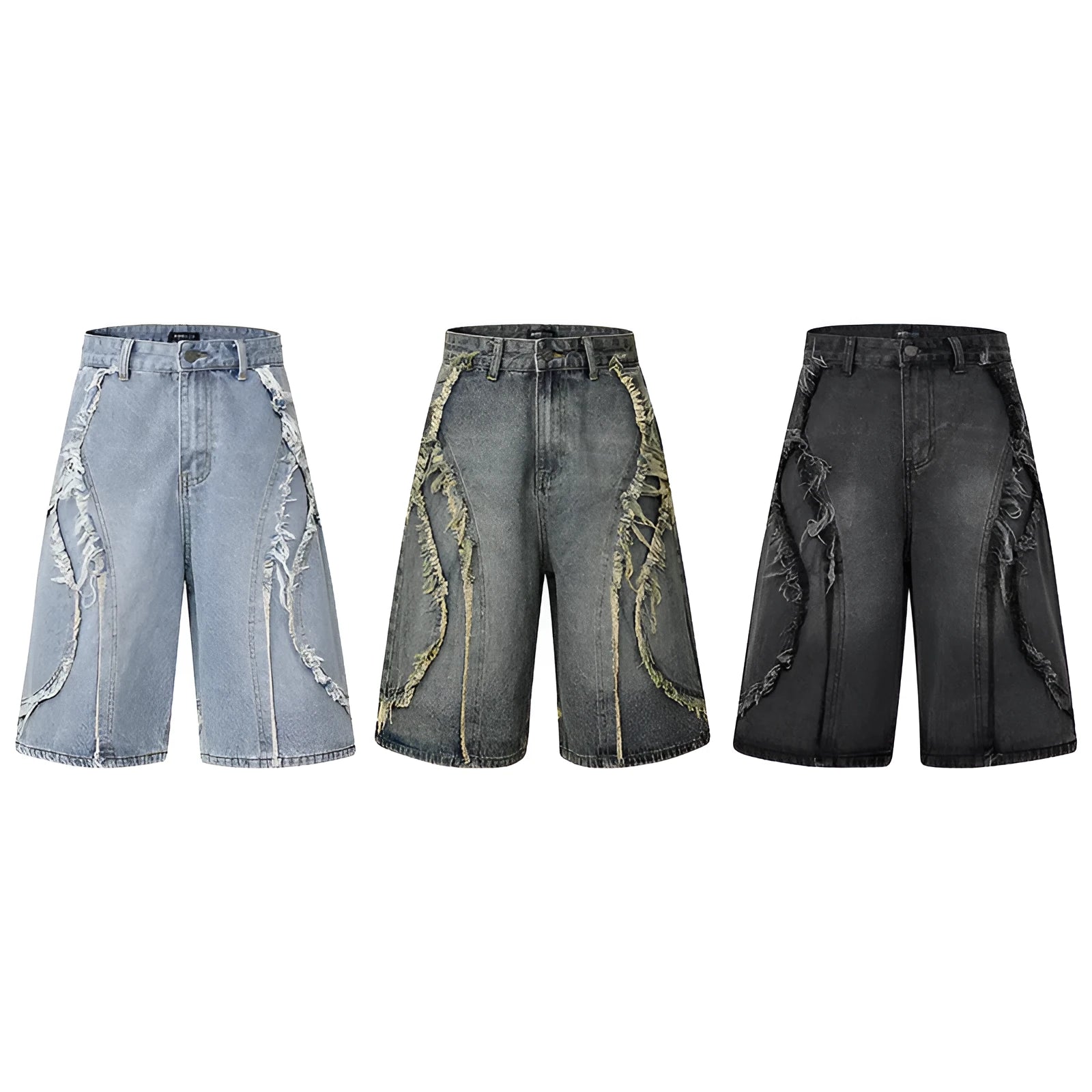 Distressed raw edge denim shorts in black, dark blue, and light blue colours