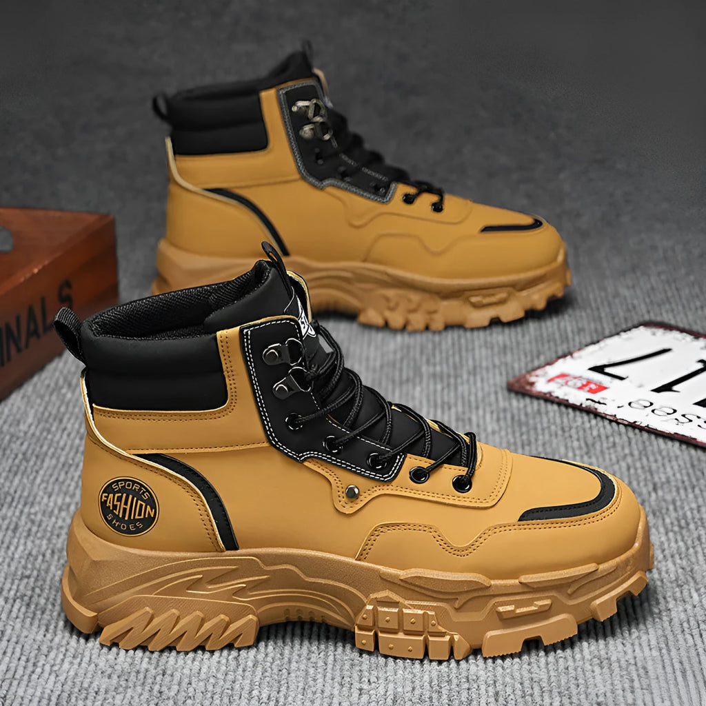 Men's black and yellow high-top Martin boots with a mid heel and injection moulded sole
