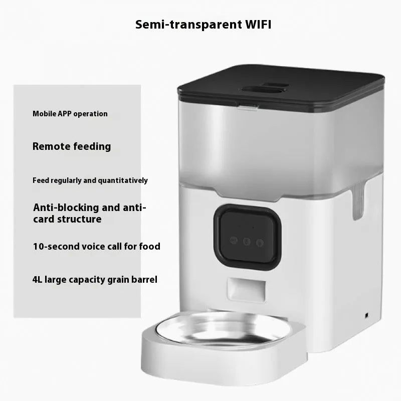 White WIFI automatic pet feeder with stainless steel tray and desiccant box for dogs and cats