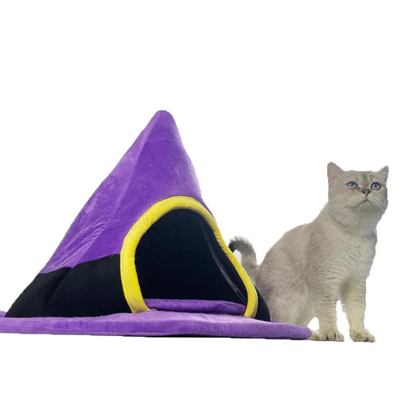 Purple Halloween witch hat shaped cat bed for cats with soft cloth fabric