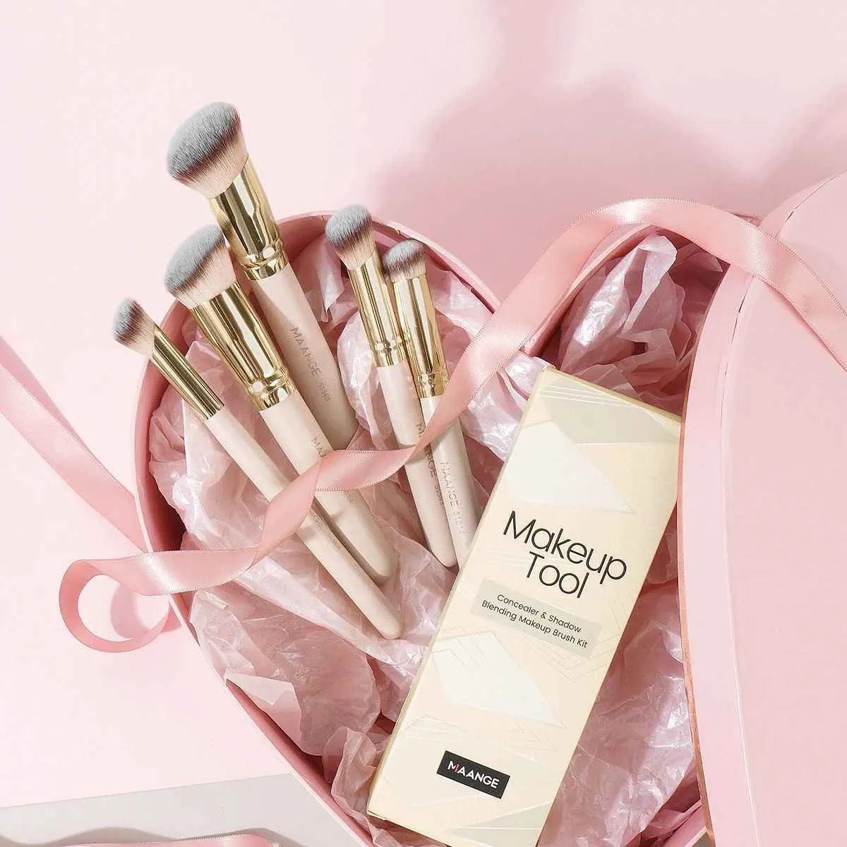 MAANGE five-piece angled blush makeup brush set in apricot colour with synthetic bristles