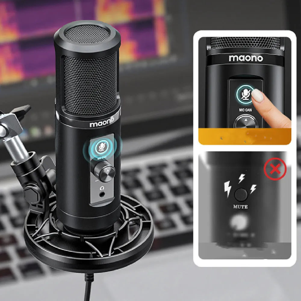 PM422 USB condenser microphone with cardioid heart shape, shockproof frame, and cantilever arm for desktop computer recording