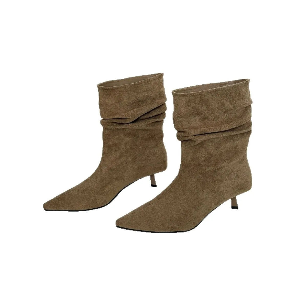 Women's pointed toe low heel stiletto mid-calf boots in khaki with slip-on style and fringe detail