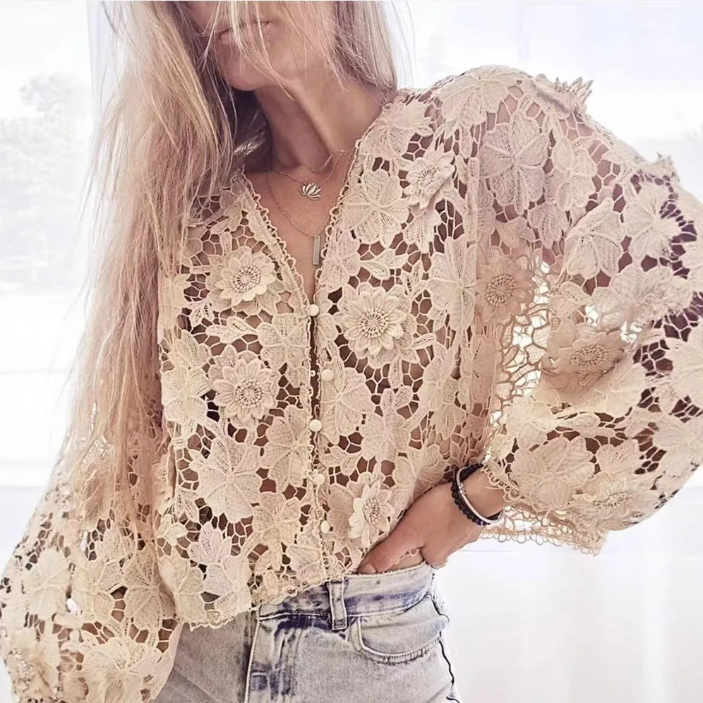 Women's loose V-neck cardigan with three-dimensional lace flower decoration in solid colour