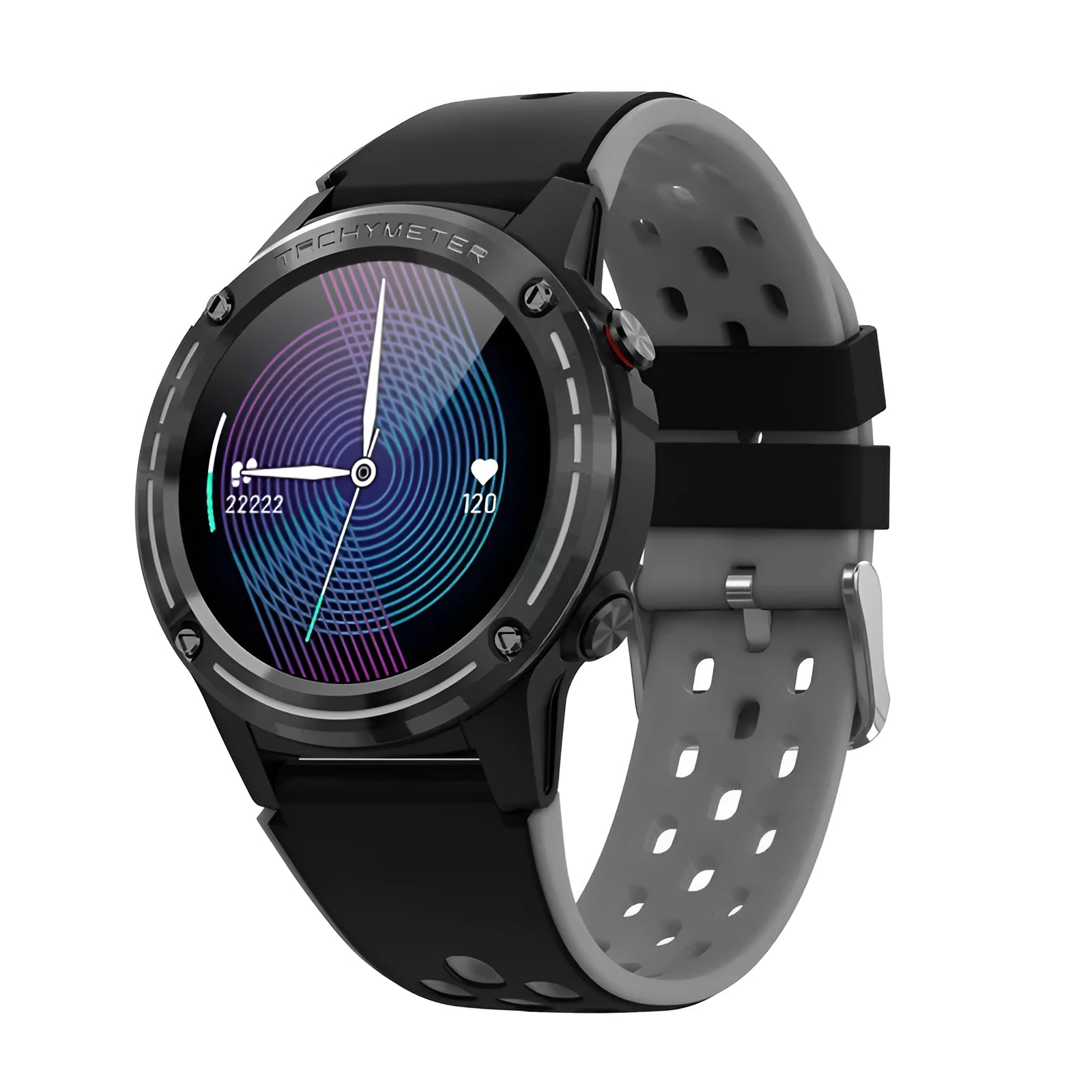 Sports smart watch with black silicone strap showing 1.3 inch display with step counting interface