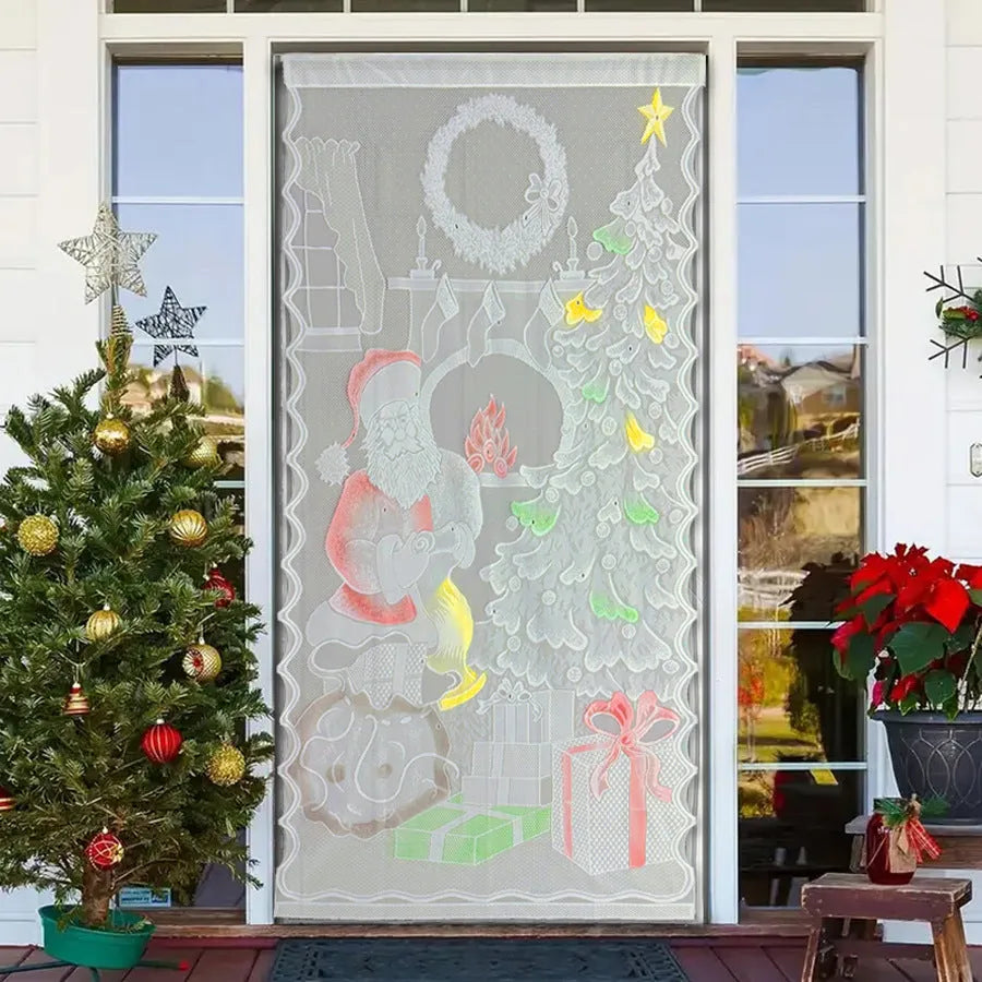 Christmas curtain decoration with high sunshade, 100x200cm polyester panel, Nordic style, featuring Santa Claus design on a white background