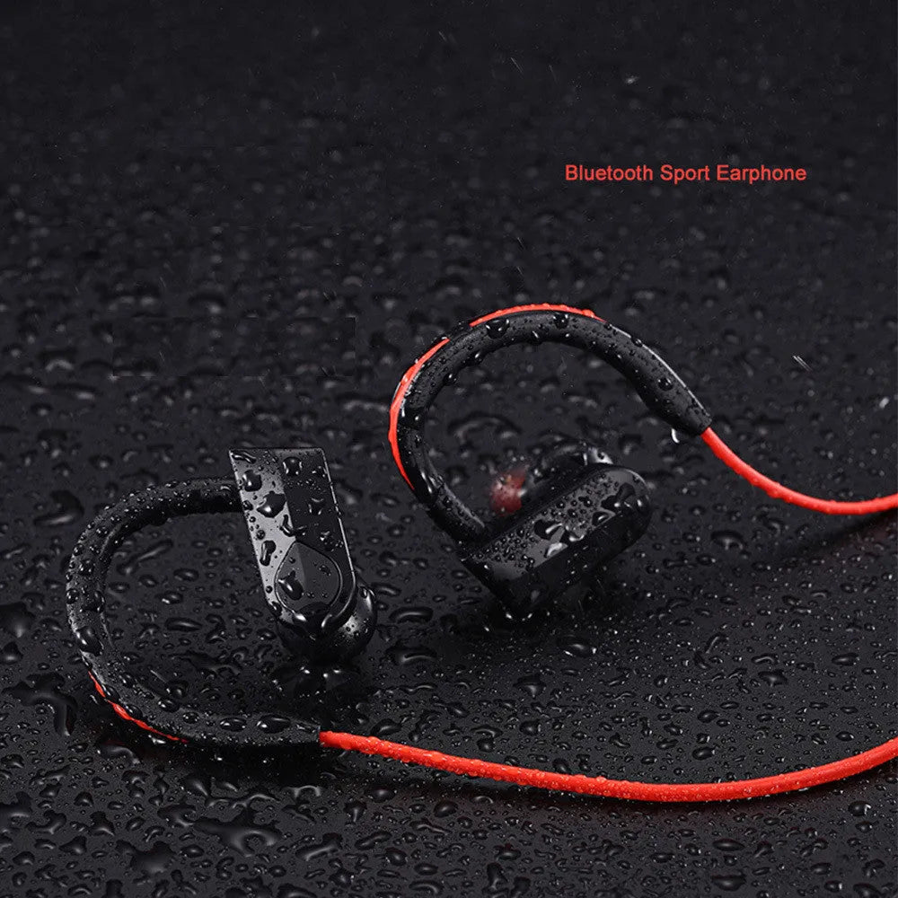 Wireless neck-mounted Bluetooth earphones in black, blue or red colours showing neckband and earpieces