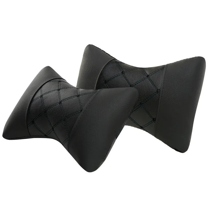 Artificial leather quilted car headrest cushion pair with elastic cotton filling for neck support