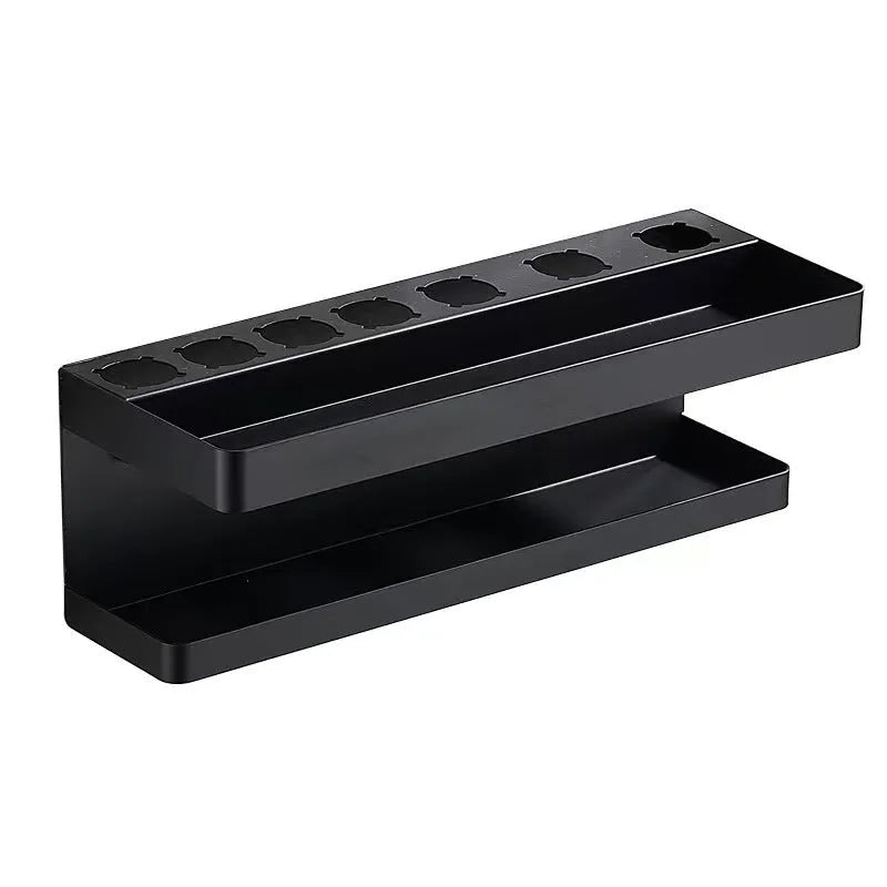 White double layer punch-free bathroom storage rack holding Marcel wavers and hair curlers