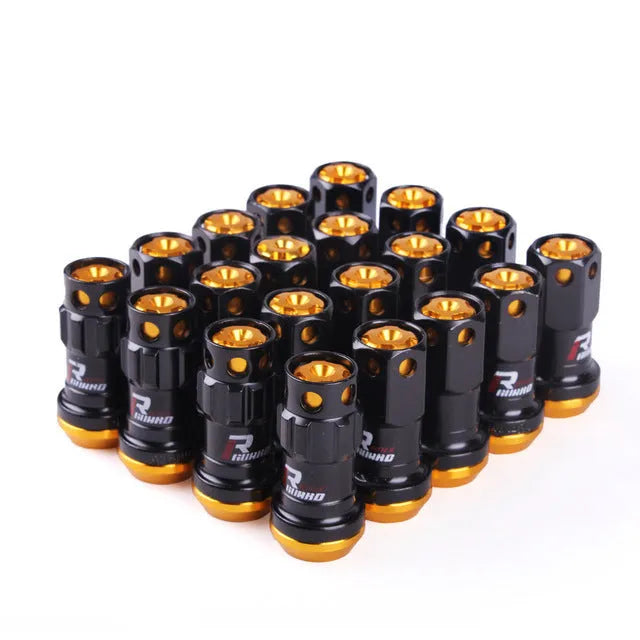 Aluminium alloy forged automobile wheel hub nut in various colours including red, gold, blue, purple, and black combinations.
